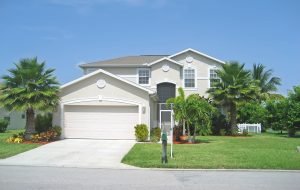 Tropical single family home with landscaping, a large lawn, and a wide driveway.